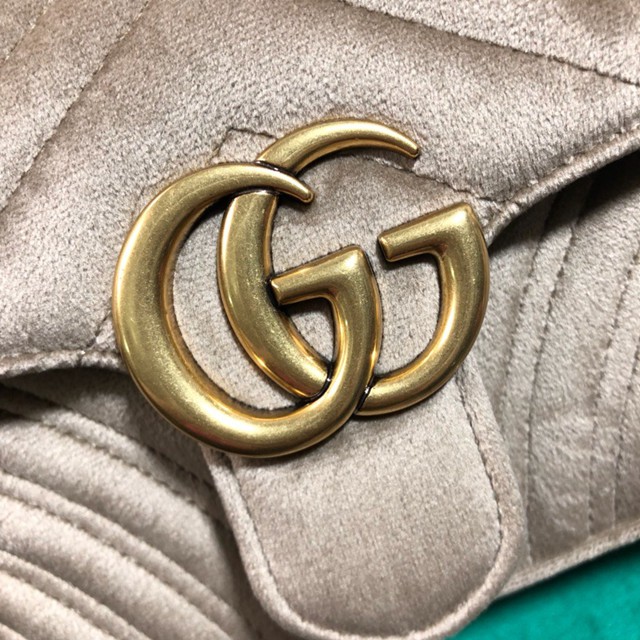 Gucci經典款女包 446744 古馳GG Marmont系列鏈條包 Gucci卡其色天鵝絨單肩斜挎包  gqy2358